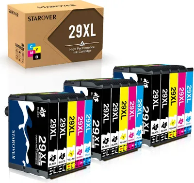 A product shot of multiple ink cartridges and their packaging.