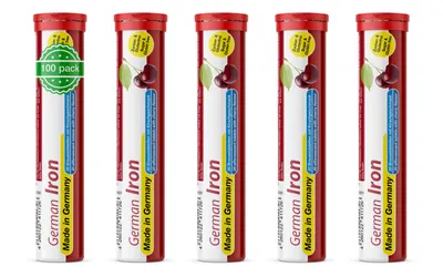 Produktbild von German Eisen Brausetabletten 5x20 Stk. - Kirsch Geschmack – 14 mg Eisen Zuckerfrei – T&D Pharma – Germany