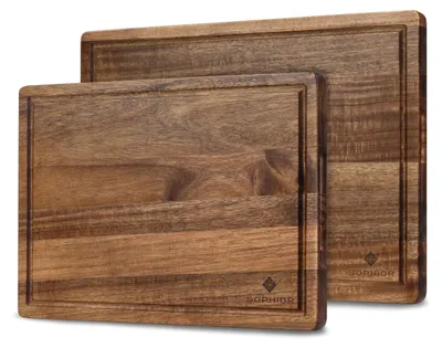 Image de Ensemble de planches à découper en bois d'acacia avec rainure pour recueillir les jus et poignées