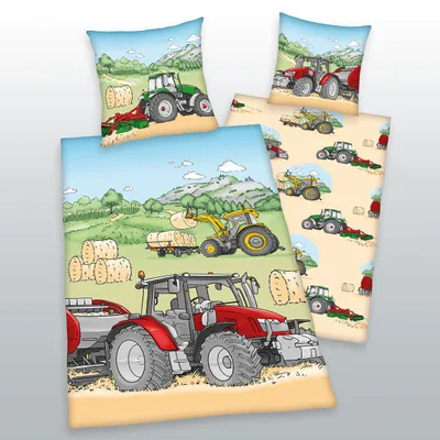 A collection of bedding items featuring cartoon illustrations of tractors and farm scenes.