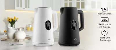 Produktbild von Kanvica ETA Elsa Black Číslo položky: ETA559790000 Dizajnová nerezová kanvica s elektronickou reguláciou teploty (40-100 °C) a dvojstenným varným plášťom.