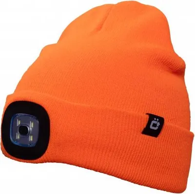 Produktbild von Wintermütze hellorange mit LED-Stirnlampe 180 lm, 3 Lichtstufen, USB-Aufladung, abnehmbar, 100%.Polyacryl – Mütze OTTO, Högert Technik