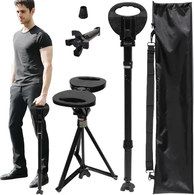 Imagen del producto de Bastón con asiento - Taburete plegable - Descanso durante el camino - Altura ajustable - Máximo 250 kg - Color negro
