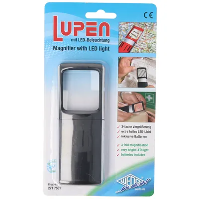 Zdjęcie produktu dla Szkło powiększające z oświetleniem LED i 3-krotnym powiększeniem Kolor czarny z bateriami