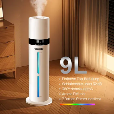 Produktbild von FATABETA Luftbefeuchter bis zu 50m², 9L Ultraschall Kaltnebel Aromadiffusor, Obenbefüllung 48h Laufzeit, extrem leiser 32dB Schlafmodus, intelligente Feuchtigkeitssteuerung, Fernbedienung & 7-LED