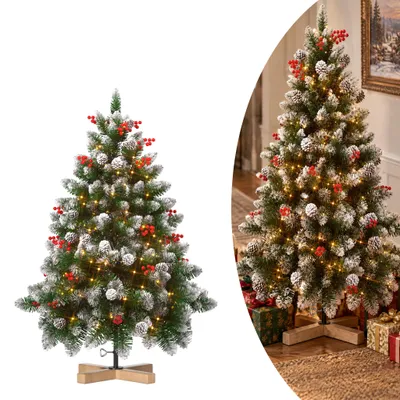 Obrázok produktu pre XINZI Umelý vianočný stromček, výška 150 cm, s integrovanými LED svetielkami, efekt snehu, šišky, červené bobule, robustný drevený stojan, vianočná dekorácia