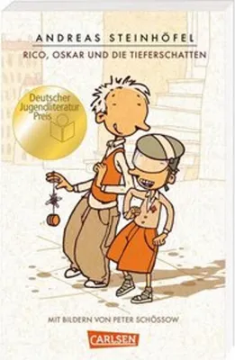 Illustration of two cartoon boys on a street with a prize medal.