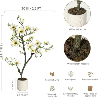 Obrázok produktu pre Umelo vyzerajúci magnóliový stromček – dekoratívna vetva – 120 cm – biele kvety – listy s prirodzeným vzhľadom – v kvetináči – určený do interiéru – dekorácia do domácnosti