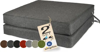 Produktbild von sunnypillow 2er Set Stuhlkissen 50 x 50 cm wasserdicht UV-lichtecht 7cm dick - Outdoor Polsterauflage mit Bändern - Auflage für Stühle,Bänke - Sitzkissen Stuhlauflage für Haus und Garten - Anthrazit