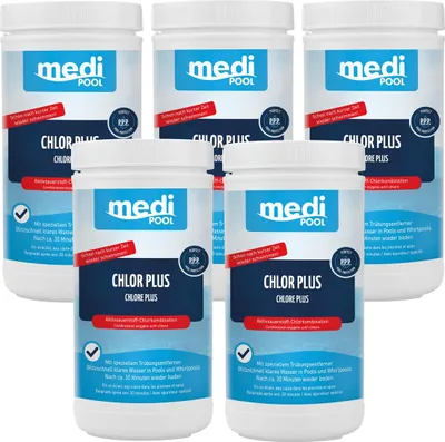 Produktbild von mediPOOL Chlor Plus Poolchemikalien mit Aktivsauerstoff & Trübungsentferner für Pools & Whirlpools 5x 1 kg