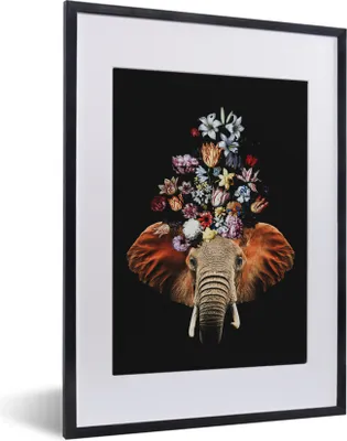 Produktbild von MuchoWow® MuchoWow® Gerahmtes Poster Elefant - Blumen - Schwarz 30x40 cm - Poster mit zchwarzem Bilderrahmen - Wandposter Schlafzimmer