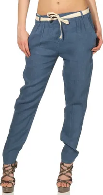 Produktbild von 299 Damen Leinenhose lockere Freizeithose lange 100% Leinen Hose Uni elegante Stoffhose Haremshose Jeansblau M