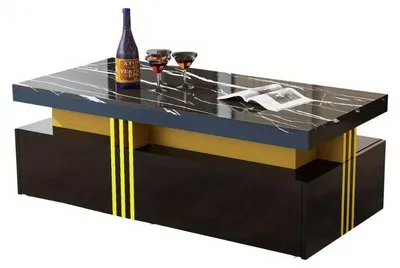 Image de Table basse avec aspect marbre brillant, deux tiroirs et structure métallique