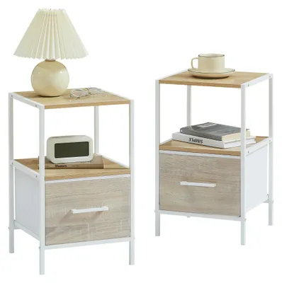 Image de CASABEL Lot de 2 tables de chevet avec tiroir en tissu renforcé effet bois, metal blanc et bois, 30×30×50cm, tables de nuit
