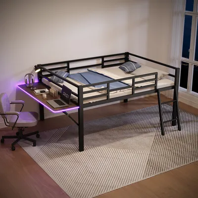 Obrázek produktu pro STILVORA Patrová postel 140x200, kovová postel s výsuvnými policemi pro úložný prostor a LED osvětlením, dětská postel s dřevěným roštem, černá (bez matrace)