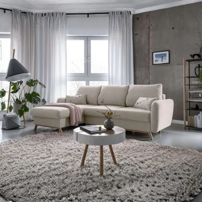 Produktbild von MIUFORM Scandic Lagom - Ecksofa mit Bettfunktion und Bettkasten L-FORM LINKS - 235x157cm - Beige - Sofa Schlafsofa Couch