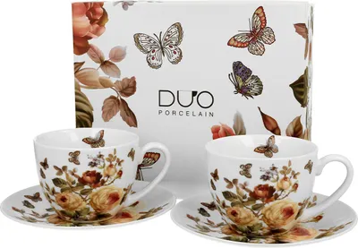Produktbild von DUO | Tasse mit Untertasse - Kaffeetasse - 2er Set - 270 ml - Bunt - Schmetterlingsmuster - Porzellan - Geschenkbox