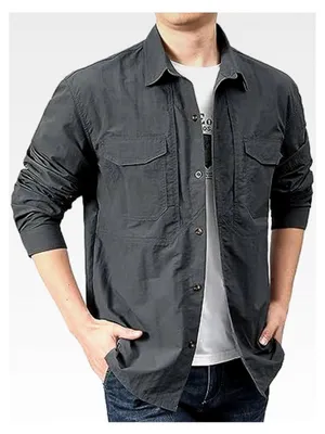 Produktbild von Langarm Cargo Hemd für Herren, Cowboyhemd mit Revers, einfarbiges Freizeit- und Arbeitshemd, oversized Safari- und Funktionshemd, atmungsaktiv, Button-Down