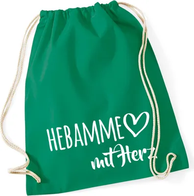 Produktbild von Huuraa Turnbeutel Hebamme mit Herz 12 Liter Kelly Green Baumwolle Rucksack Geschenkidee