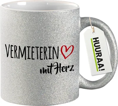 Produktbild von Huuraa Glitzertasse Vermieterin mit Herz 330ml Silber Keramik Kaffeebecher Geschenkidee
