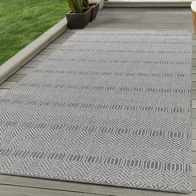 Produktbild von In & Outdoor Teppich Boho Design Wetterfest für Terrasse Balkon Küche, Farbe:Grau, Grösse:240x340 cm