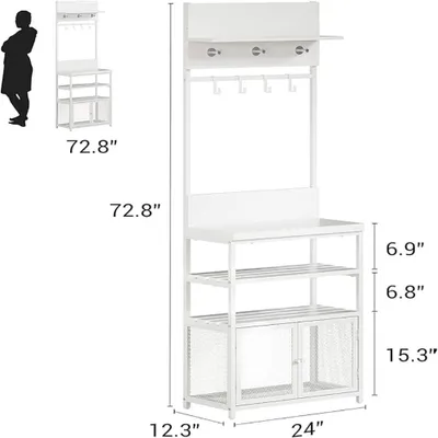 Zdjęcie produktu dla Wieszak na ubrania z półką na buty - garderoba do przedpokoju - wąska, 185 cm - z drzwiczkami i 7 haczykami - metalowa konstrukcja - biały