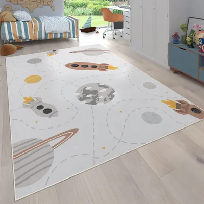 Image de Tapis pour chambre d'enfant Tapis antidérapant Fusée Planète Étoiles Beige Marron Jaune Taille 200 cm Rond