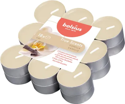 Immagine prodotto di 8 candele profumate in alluminio, durata 4 ore, confezione da 18, marca True Scents, profumo: vaniglia
