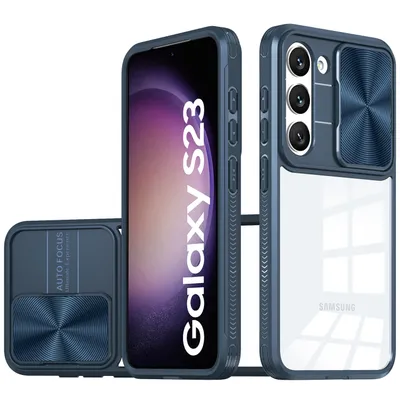 Obrázek produktu pro Galaxy S23 Pouzdro, Hybridní průhledné TPU bumper pouzdro s posuvným krytem kamery Samsung Galaxy S23 modré