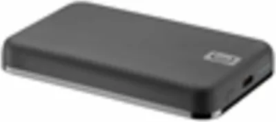 A dark gray wireless power bank with a silver trim is shown on a white background.