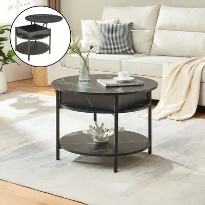 A round coffee table with a marble-like finish is placed in a living room setting next to a sofa.