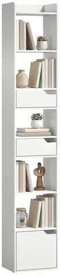 Produktbild von Bücherregal - Schmales Standregal Mit 6 Offenen Fächern - 2 Schubladen - Tür - 32x24x181,5 cm - Für Wohnzimmer Und Büro - Weiß