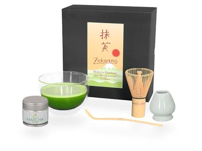 Produktbild von Matcha Set / Matchaset / Matcha Schale 400ml aus doppelwandigem Thermo-Glas mit Besen/Löffel/Halter in Geschenkbox