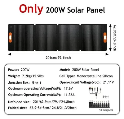 Obrázok produktu pre SP200 – Prenosný solárny panel 200 W – Len panel bez regulátora nabíjania – DC výstup na nabíjanie – Pre kempovanie, powerbanku, auto, loď, karavan