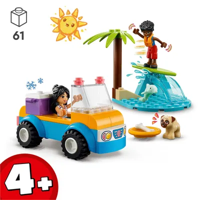 Zdjęcie produktu dla LEGO 41725 Friends Zabawa z łazikiem plażowym, zestaw kreatywny klocków dla 4-latka, z samochodem, deską surfingową i figurkami zwierząt, zabawka dla dzieci, dziewczynek i chłopców