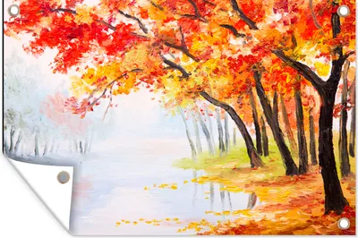 Produktbild von MuchoWow® 120x80 cm Outdoor-Poster Gartendeko Sichtschutz Garten Poster für den Garten  Gemälde - Herbst - Bäume - Wasser - Ölfarbe