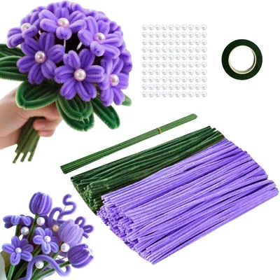 Produktbild von Pfeifenputzer zum Basteln Blumen 220 Stück Grün Violett mit Draht Perlen