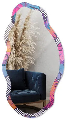 Produktbild von Dekorativer Wandspiegel mit Print, organische asymmetrische Form, 90x45 cm, moderner Designspiegel für Wohnzimmer, Flur und Schlafzimmer - Tropisches Muster, KI-generiertes Bild