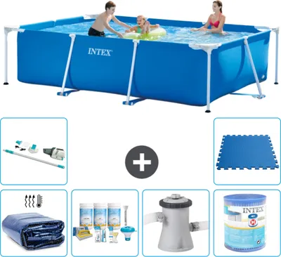 Produktbild von Intex-Schwimmbecken mit rechteckigem Rahmen – 300 x 200 x 75 cm – Blau – im Lieferumfang enthalten Sonnensegel - Wartungspaket - Filterpumpe für Schwimmbad - Filter - Staubsauger - Bodenfliesen