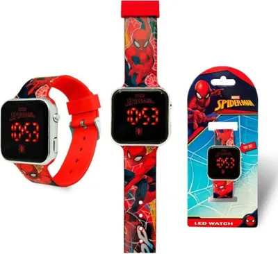 Three views of a Spiderman-themed LED watch, including one in its packaging.