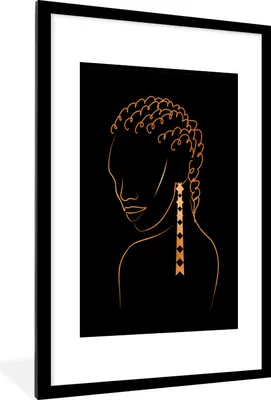 Produktbild von MuchoWow® Gerahmtes Poster Frau - Gold - Ohrring - Strichzeichnung 60x90 cm - Poster mit Schwarzem Bilderrahmen Wandposter Rahmen Foto Bilder - Dekoration - Wandposter Wohnzimmer - Hochwertig