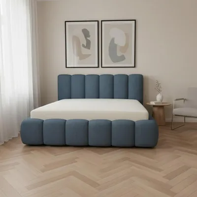 Produktbild von Polsterbett 140x200 - Blau - Bett mit Bettkasten und Lattenrost - Familien Bett - Metallgestell - Gasfedern - Modernes Design - ohne Matratze