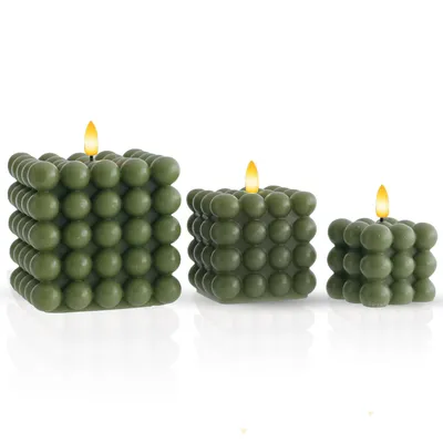 Produktbild von Meisterhome LED-Kerzen Set 3er – Bubble Design, Timer, 12/9/7,5 cm – Warmweißes Flackerlicht – Sicher & Dekorativ, Farbe:Grün