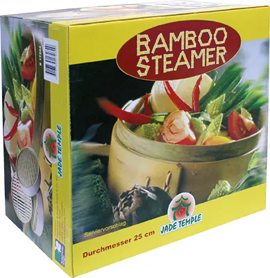 A product box for a bamboo steamer set, featuring an image of the steamer filled with vegetables.