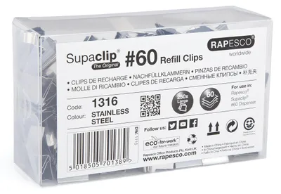 Produktbild von Rapesco 1316 Supaclip 60 Edelstahl-Nachfüllklammern Großpackung, 250 Stück