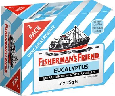Obrázek produktu pro Fishermans Friend Eucalyptus Menthol bez přidaného cukru 3 sáčky 75g