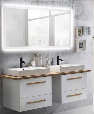 Produktbild von Badmöbel Waschtisch Set in weiß mit Eiche Landhaus DABO-04 mit 140cm LED-Touch-Spiegel, B/H/T ca. 165/200/50 cm