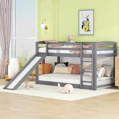 Image de Lit superposé pour enfants et adolescents, lit pour enfants avec toboggan, structure en bois massif, montage facile, dimensions 90x200 cm (gris)