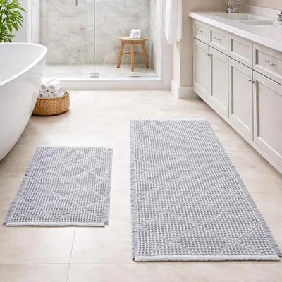 Produktbild von Großes, zweiteiliges Badteppich-Set, rutschfest, waschbar, im Boho-Stil, rautenförmige Bade-/Duschmatte für Bad, Waschküche, Wohnzimmer, Schlafzimmer, grau, 46 x 77 cm und 51 x 120 cm