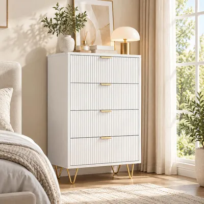 Produktbild von 4-Schubladen-Kommode Weiß mit geriffelter Front und goldenen Metallbeinen, 60×34×91 cm
